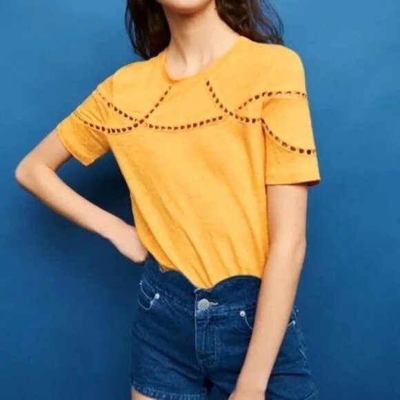 MAJE Size M Turan Knit Linen T-Shirt Cutouts Relaxed Fit Embroidered Trim - Picture 1 of 9